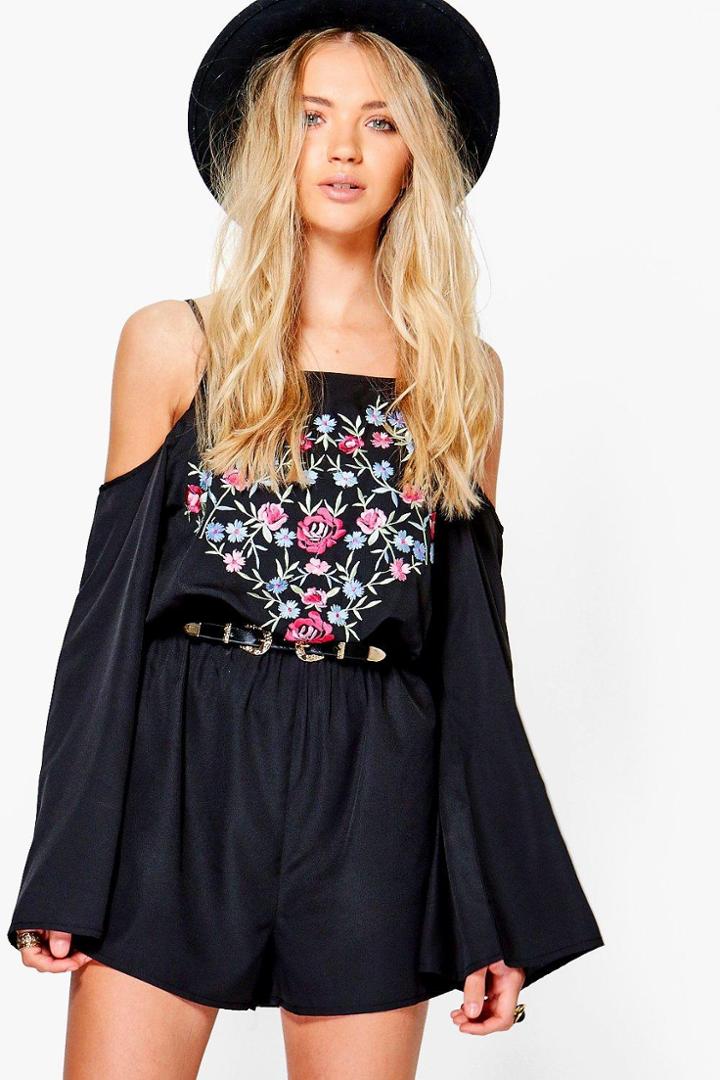 Boohoo Jess Embroidered Cold Shoulder Playsuit Black