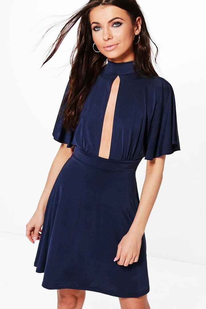 Boohoo Petite Ivy Keyhole Detail Frill Sleeve Skater Dress Navy