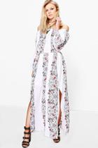 Boohoo Petite Abbi Floral Print Off The Shoulder Maxi Dress Ivory