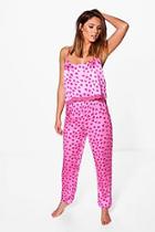 Boohoo Emily Satin Heart Print Lace Hem Cami & Trouser Set