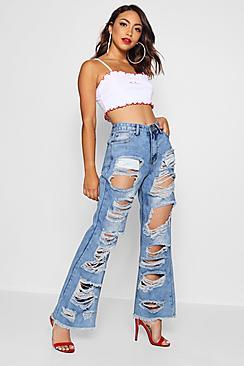 Boohoo Distressed Wide Leg Denim Jeans