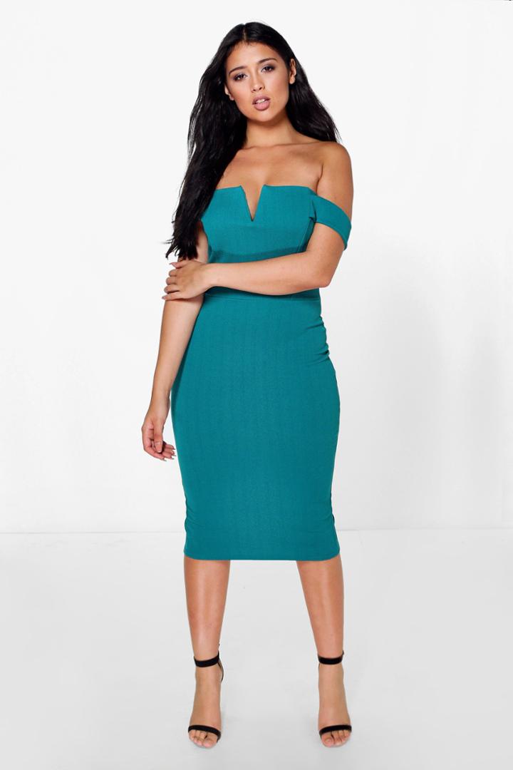 Boohoo Cara Bardot Midi Bodycon Dress Peacock