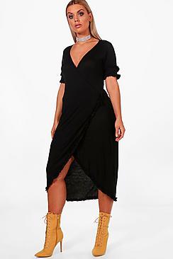 Boohoo Plus Ana Ruched Detail Wrap Front Midi Tea Dress