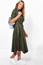 Boohoo Greta Asymmetric Hem Belted Shirt Dress Khaki