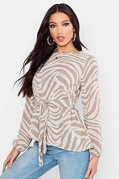 Boohoo Zebra Asymmetric Hem Belted Woven Blouse