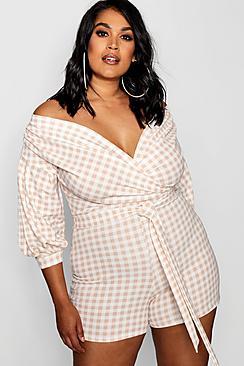 Boohoo Plus Gingham Off Shoulder Playsuit