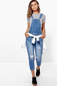 Boohoo Petite Mid Blue Distressed 3/4 Overall