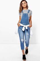 Boohoo Petite Mid Blue Distressed 3/4 Overall