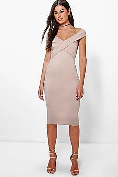 Boohoo Mia Off The Shoulder Midi Bodycon Dress