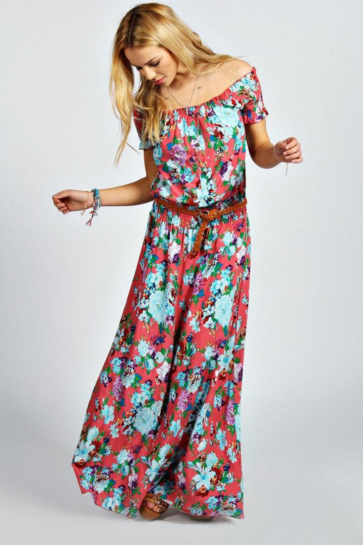 Boohoo Jamie Off The Shoulder Floral Maxi Dress - Pink