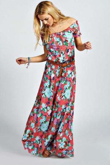 Boohoo Jamie Off The Shoulder Floral Maxi Dress - Pink