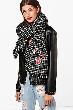 Boohoo Daisy Embroidery Checked Woven Scarf