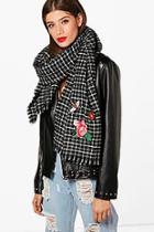 Boohoo Daisy Embroidery Checked Woven Scarf