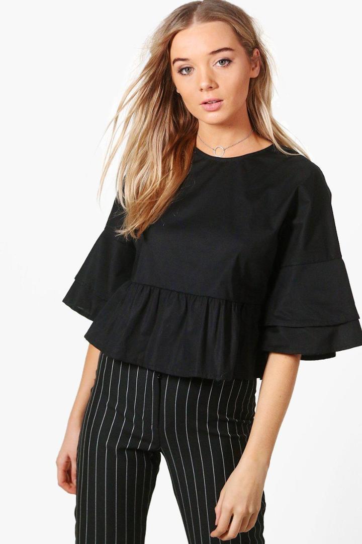 Boohoo Lana Ruffle Sleeve Smock Top Black