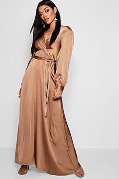 Boohoo Satin Wrap Tie Belt Maxi Dress