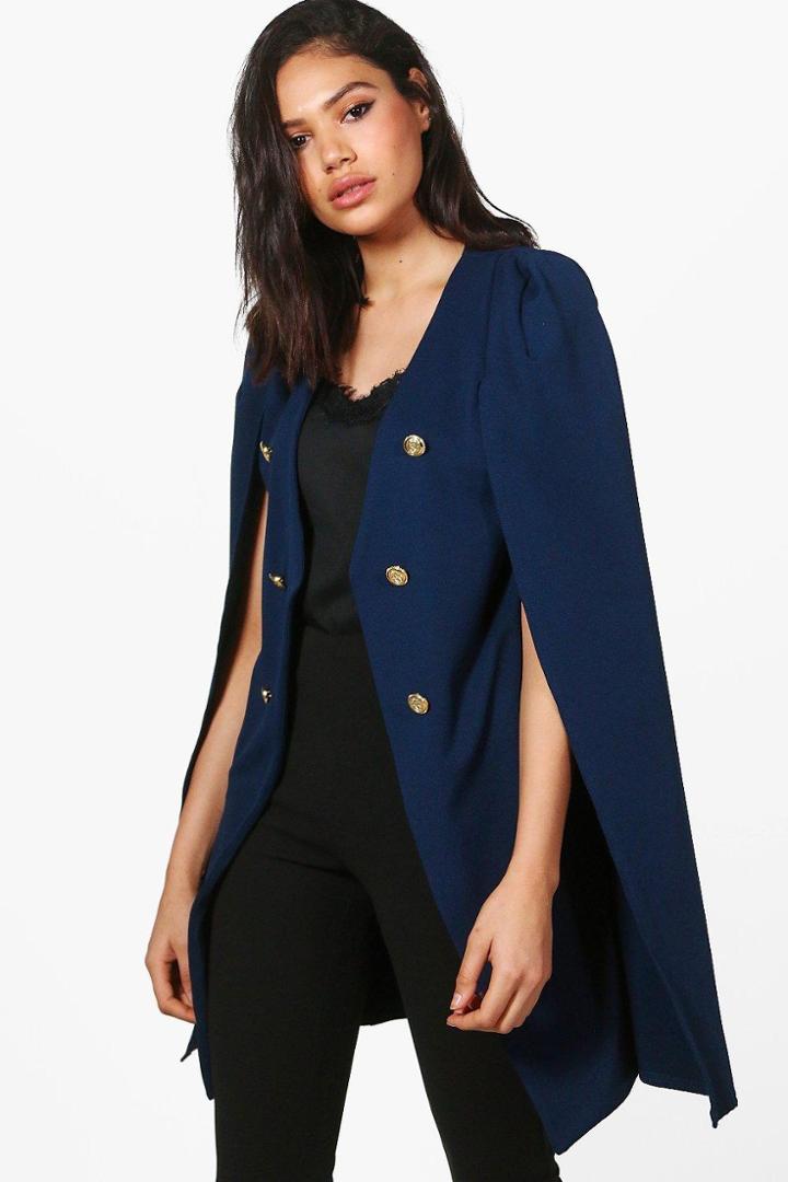 Boohoo Lois Longline Button Tailored Crepe Cape Navy