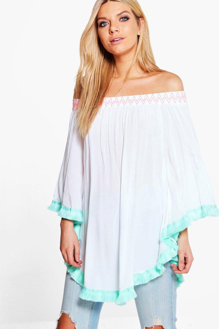 Boohoo Niamh Boutique Tassel Trim Top White