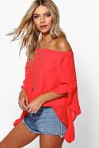 Boohoo Maya Fluted Frill Sleeve Off The Shoulder Top Poppy