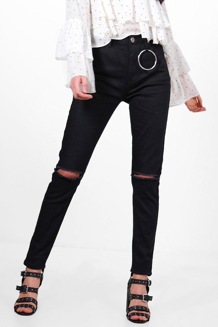 Boohoo Katie High Waist Ring Detail Skinny Jeans Black