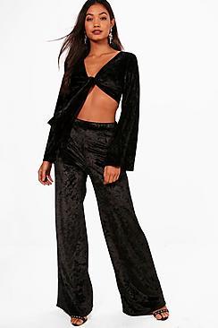 Boohoo Tasha Velvet Crop And Wide Leg Trouser Set