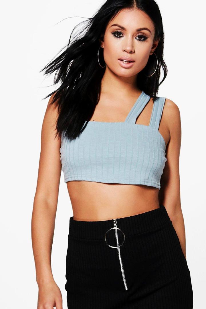 Boohoo Scarlett One Shoulder Rib Knit Crop Blue