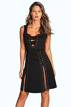 Boohoo Victoria Studded Plunge Double Split Skater Dress