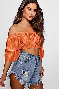 Boohoo Petite Matilda Off The Shoulder Metallic Slinky Top