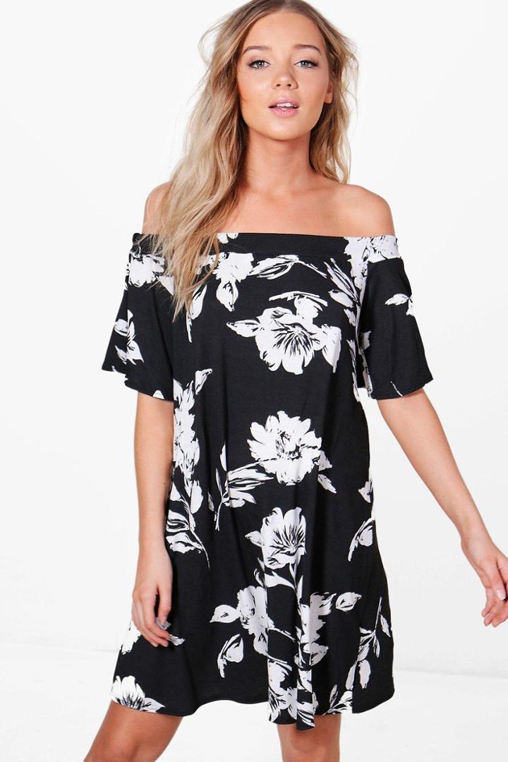 Boohoo Kate Off One Shoulder Floral Shift Dress Black