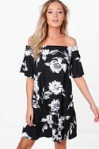 Boohoo Kate Off One Shoulder Floral Shift Dress Black