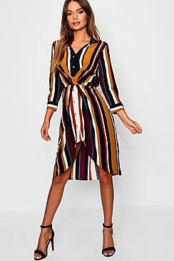 Boohoo Twist Detail Tonal Stripe Shirt Dress
