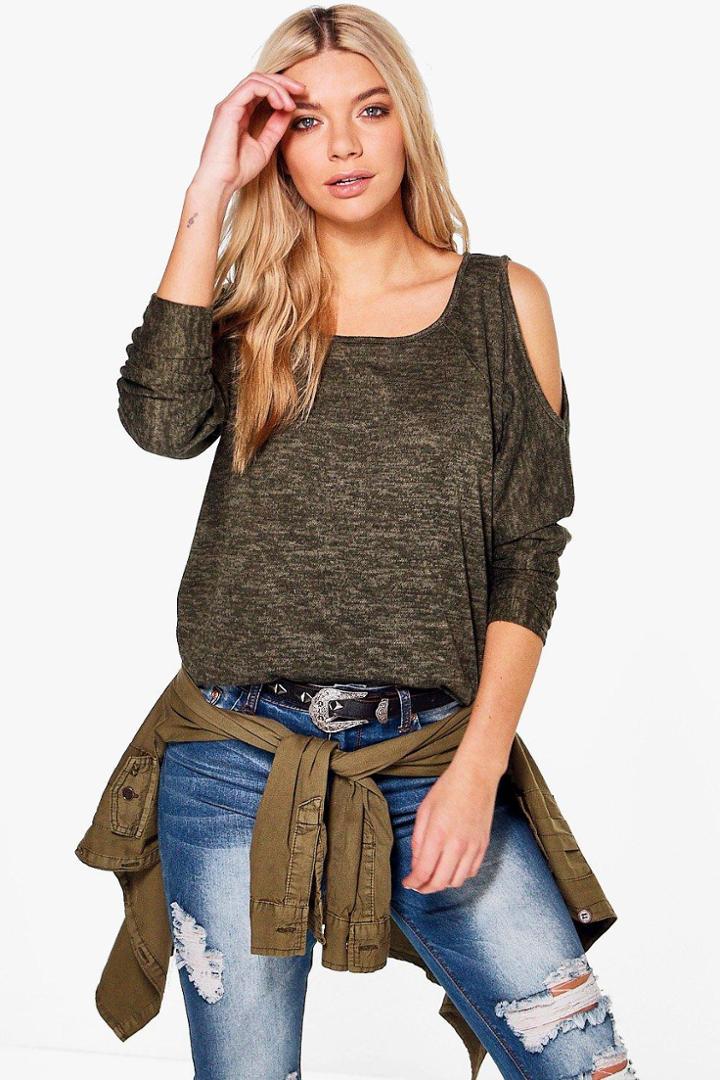 Boohoo Lexi Cold Shoulder Brushed Knit Jumper Khaki