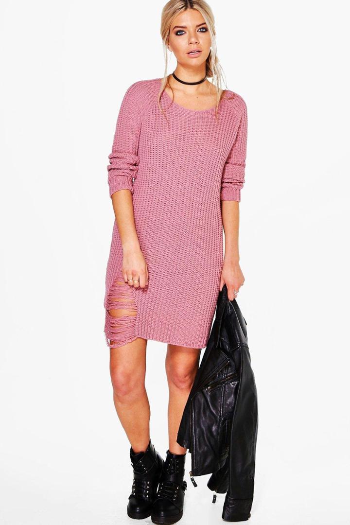 Boohoo Heidi Distressed Knit Jumper Dress Nude
