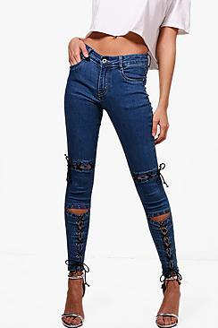 Boohoo Edwina Lace Up Detail Skinny Jeans