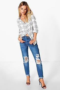 Boohoo High Waisted Knee Rip Mom Jeans