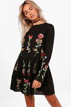 Boohoo Boutique Natalie Frill Embroidered Smock Dress