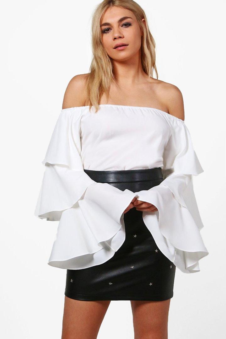 Boohoo Felicia Ruffle Sleeve Bardot Top White