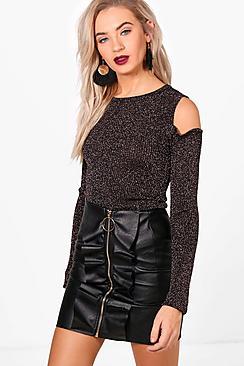 Boohoo Kaley Metallic Rib Knit Cold Shoulder Jumper