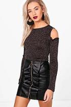 Boohoo Kaley Metallic Rib Knit Cold Shoulder Jumper