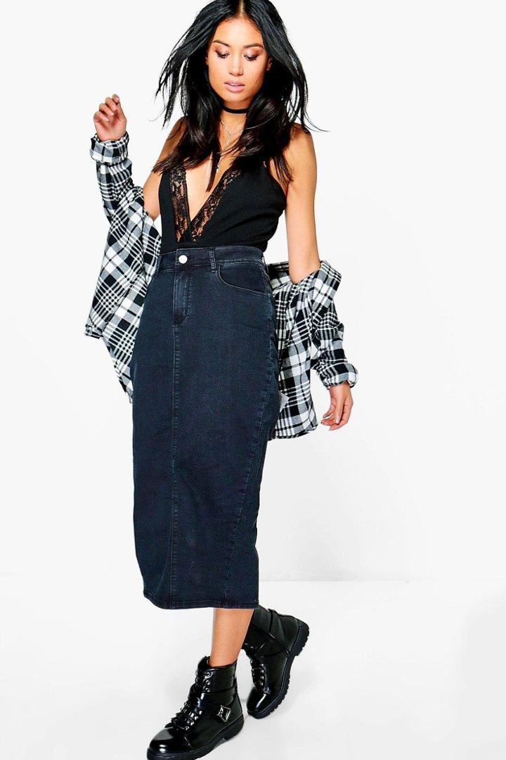 Boohoo Suzanne Denim Midaxi Skirt Black