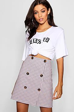 Boohoo A Line Woven Check Button Detail Mini Skirt
