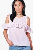 Boohoo Bella Stripe Pearl Trim Ruffle Top