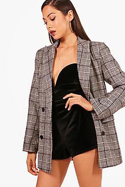 Boohoo Lola Check Double Breasted Wool Blazer