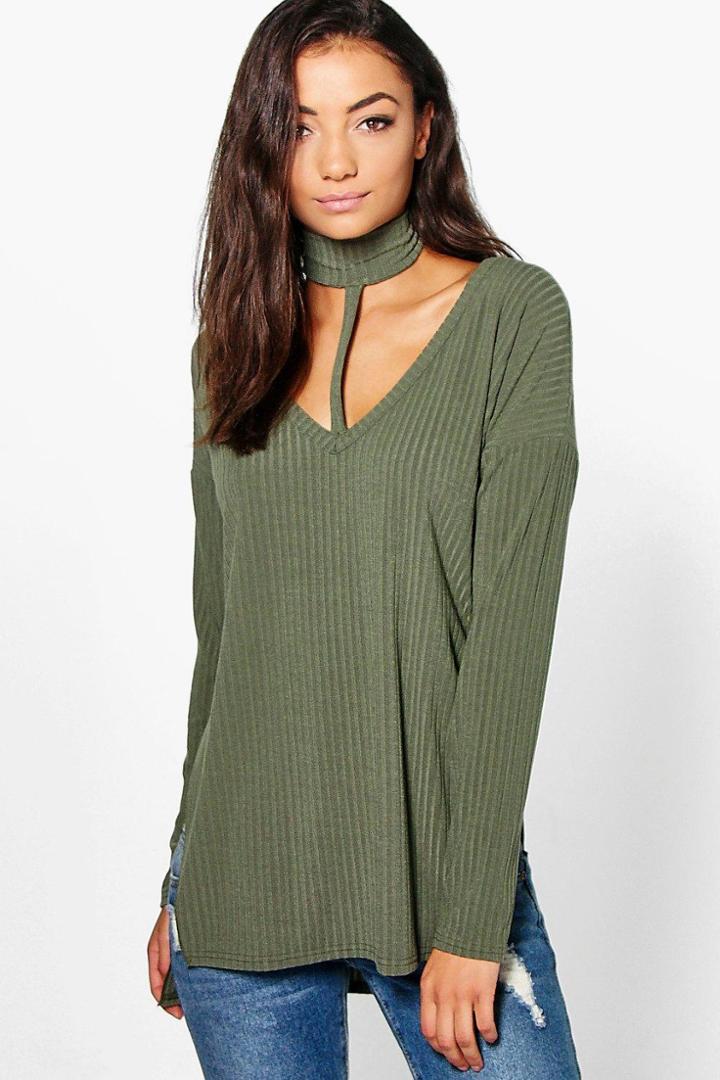 Boohoo Tall Sahari Soft Rib Choker Neck Top Khaki