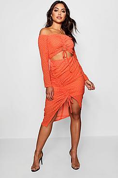 Boohoo Dobby Off Shoulder Asymmetric Midi Dress