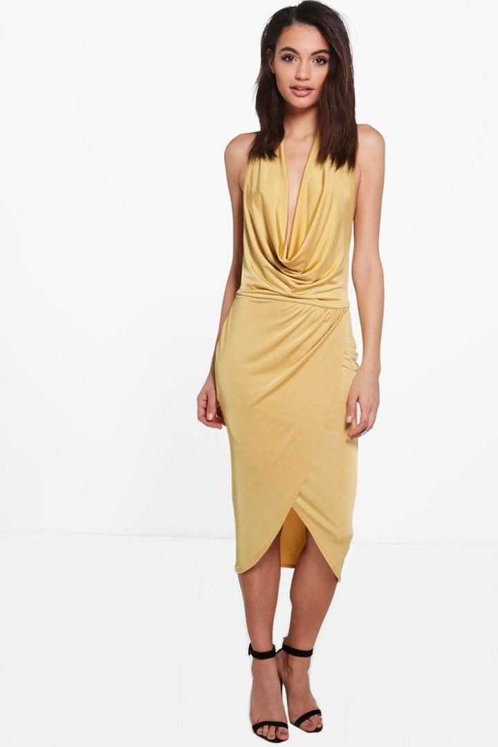 Boohoo Tia Slinky Cowl Neck Wrap Midi Dress Honeydew