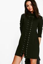 Boohoo Dulce High Neck Lace Up Detail Sweat Dress Black