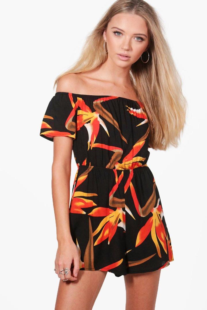 Boohoo Mollie Palm Print Off Shoulder Playsuit Black