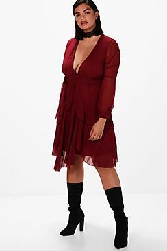 Boohoo Plus Holly Plunge Chiffon Ruffle Skater Dress