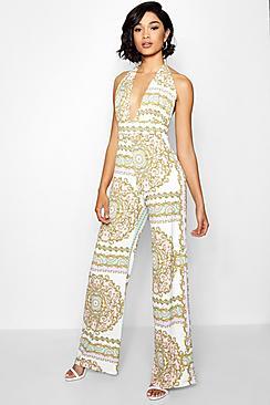 Boohoo Tall Sally Scarf Print Halterneck Jumpsuit