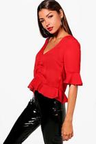 Boohoo Alice Ruched Front Ruffle Hem Blouse